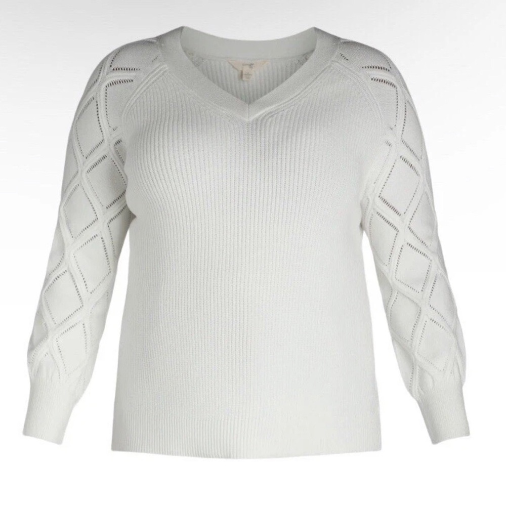 TERRA & SKY Womens Plus V-Neck Ivory  Pointelle Knit Sweater Size 0X 14W New